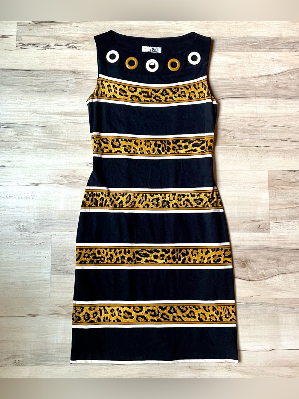 Joseph Ribkoff Black & Gold Leopard Stripe Sleeveless Sheath Dress, size: 6